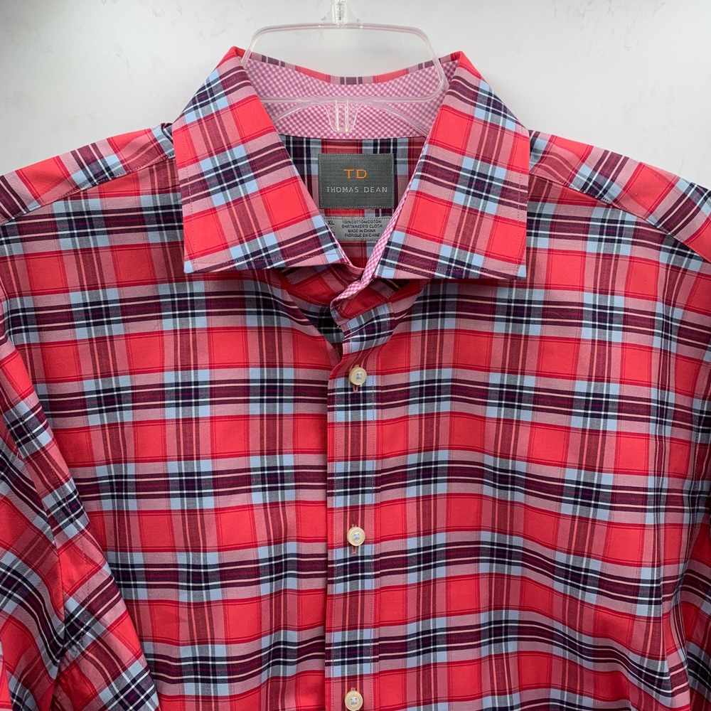 Thomas Dean Men's XL Coral Red Blue Plaid Cotton Dress Shirt Contrast Cuff